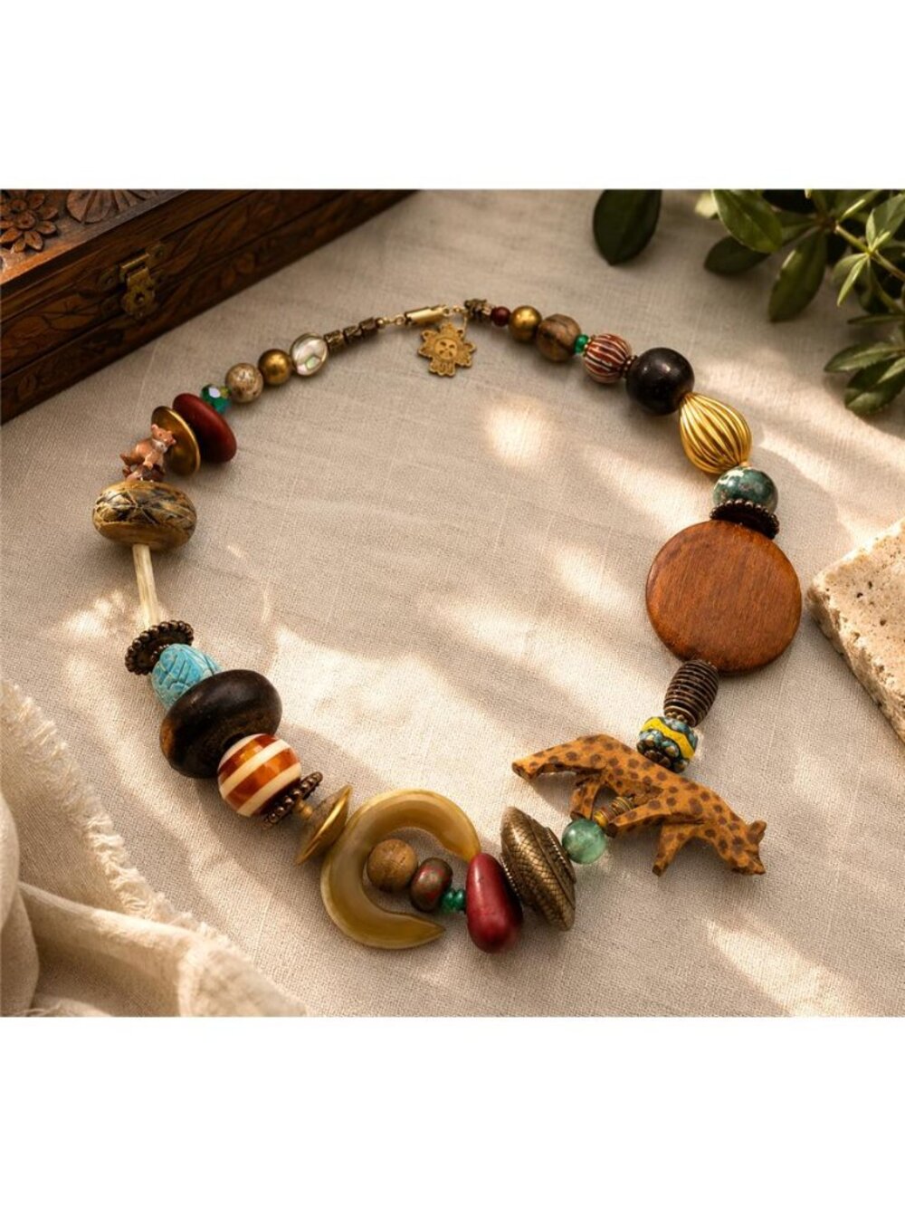 Signed Katrina Leopard Mixed Media Statement Necklace Boho Safari OOAK 20 In